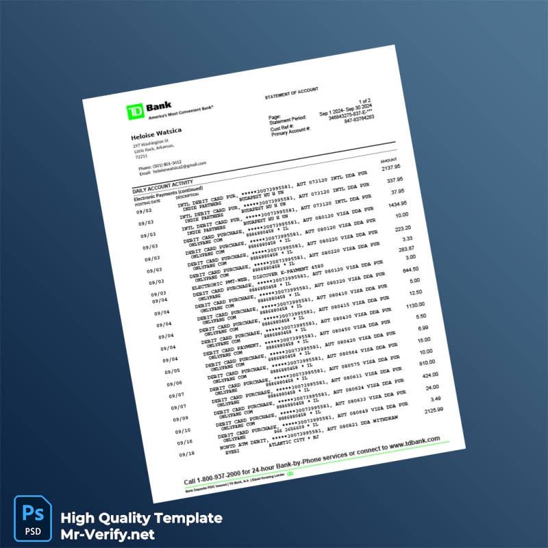 USA TD Bank Account Statement Template in Word and PDF formats USA TD Bank Account Statement Template in Word and PDF formats
