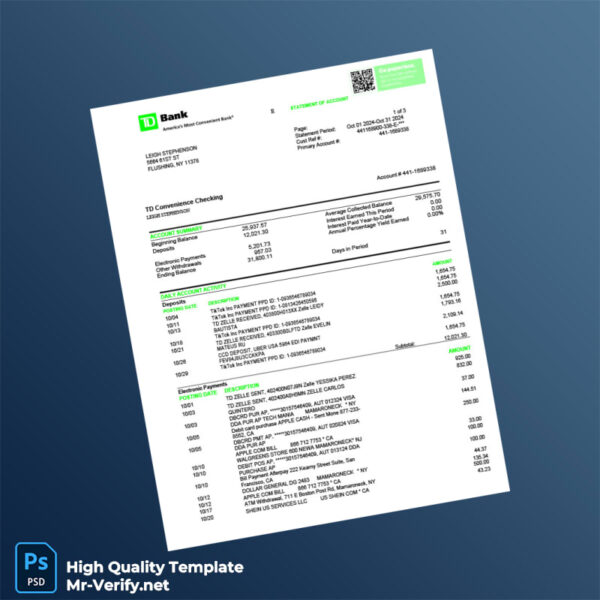 USA TD Bank Credit Card Statement Template in Word and PDF formats