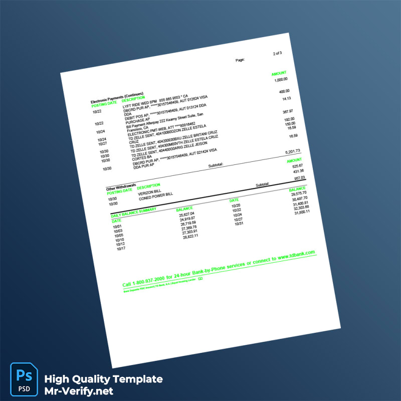 USA TD Bank Credit Card Statement Template in Word and PDF formats page 2 USA TD Bank Credit Card Statement Template in Word and PDF formats page 2