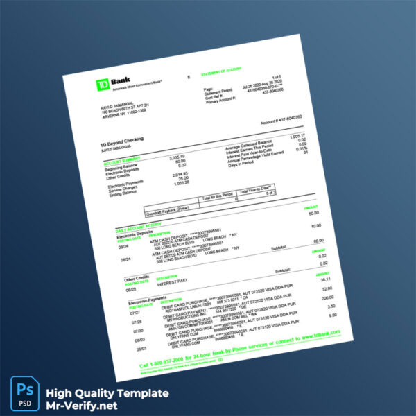 USA TD Bank Statement Template in Word and PDF formats