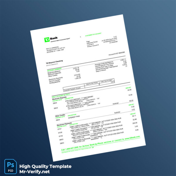 USA TD Bank Statements Template in Word and PDF formats