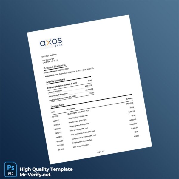 USA The Bancorp Bank Account Statement Template in Word and PDF formats