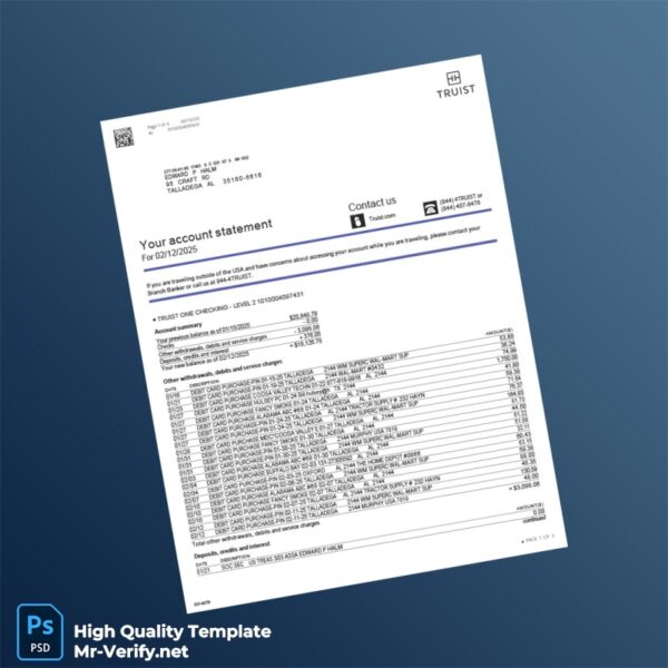 USA Truist Bank Statement Template in Word and PDF formats