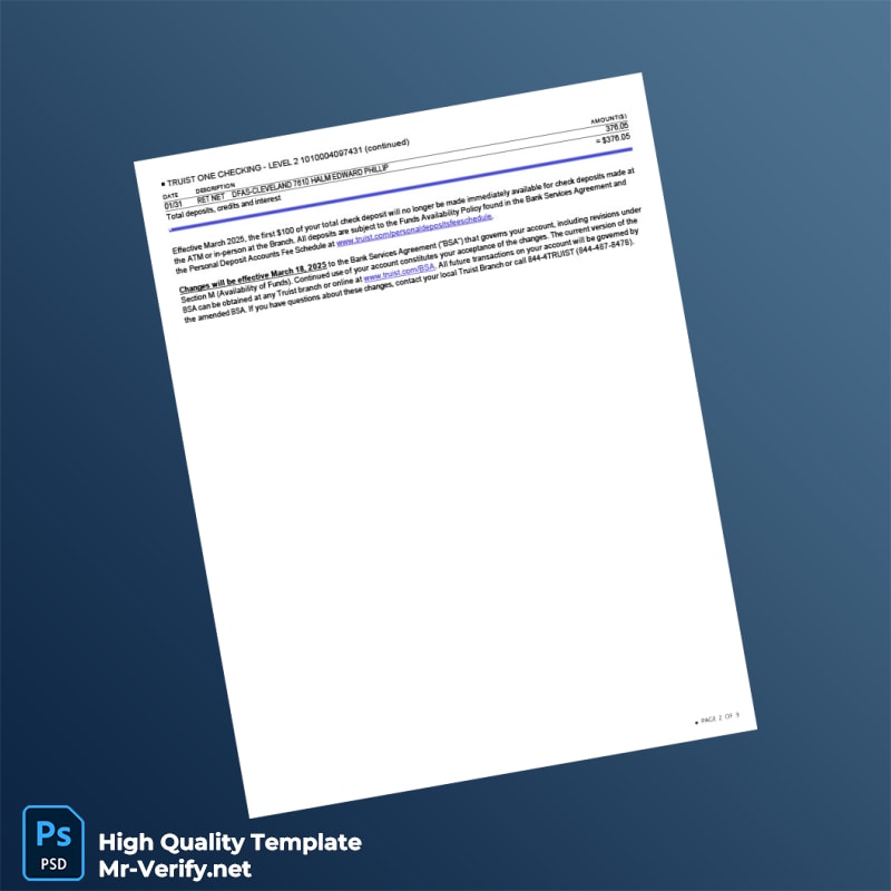 USA Truist Bank Statement Template in Word and PDF formats page 2 USA Truist Bank Statement Template in Word and PDF formats page 2