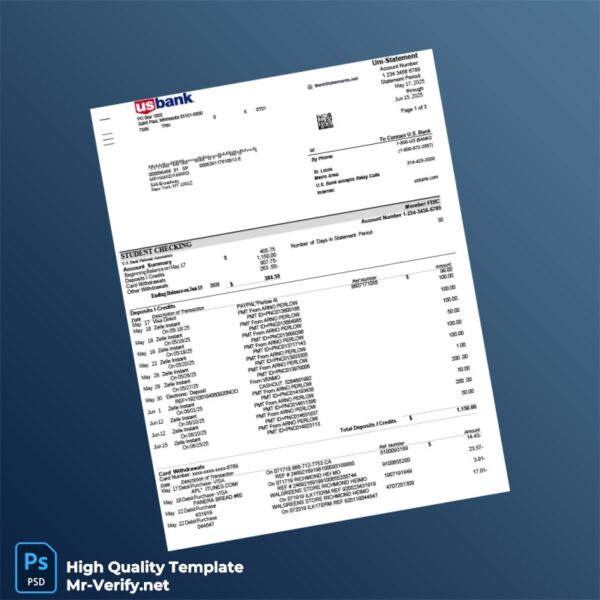 USA U S Bank Bank Statement Template in Word and PDF formats