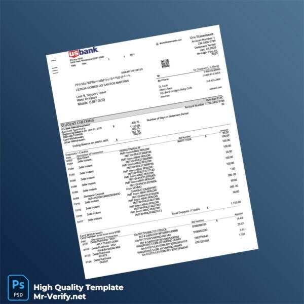 USA U S Bank Statement Template in Word and PDF formats