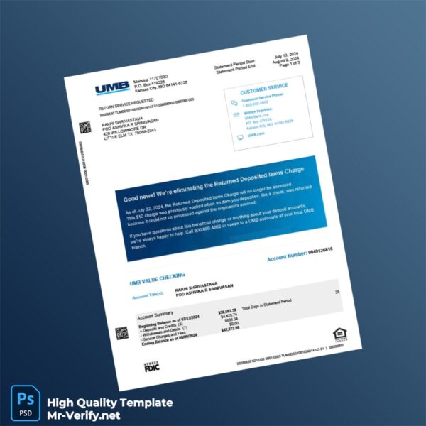USA UMB Bank Account Statement Template in Word and PDF formats