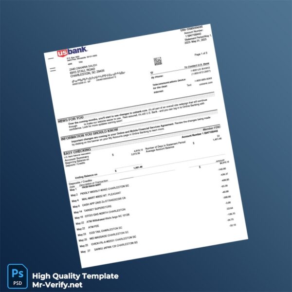USA US Bank Bank Statement Template in Word and PDF formats
