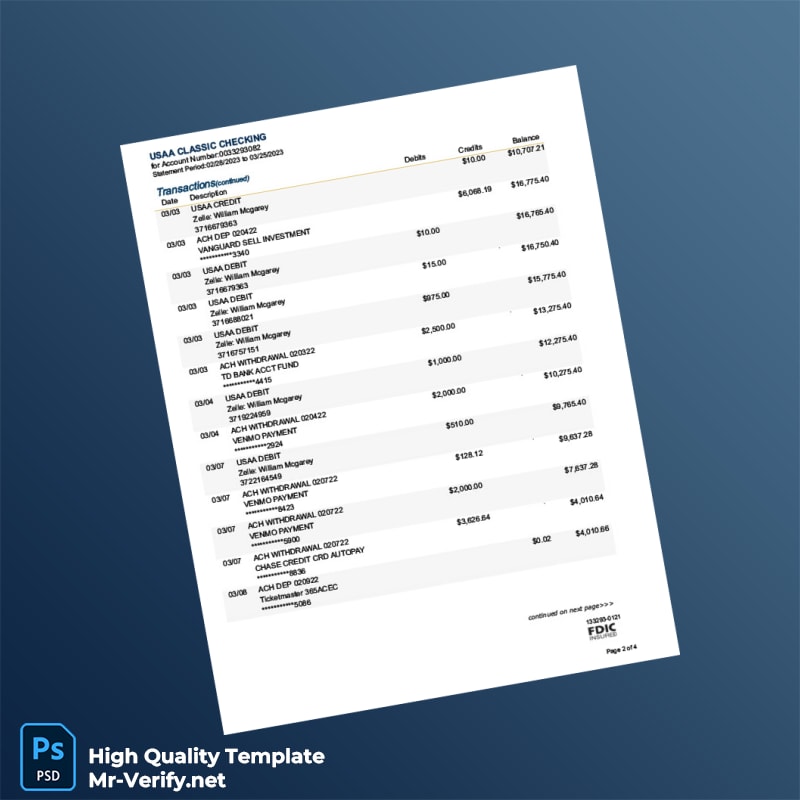 USA USAA Federal Savings Bank Bank Statement Template in Word and PDF formats page 2 USA USAA Federal Savings Bank Bank Statement Template in Word and PDF formats page 2