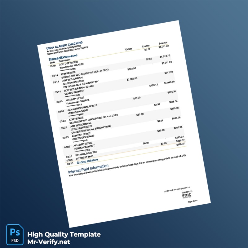 USA USAA Federal Savings Bank Bank Statement Template in Word and PDF formats page 3 USA USAA Federal Savings Bank Bank Statement Template in Word and PDF formats page 3