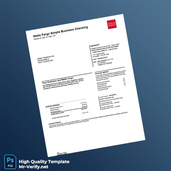 USA Ureno Transport Inc Bank Statement Template in Word and PDF formats