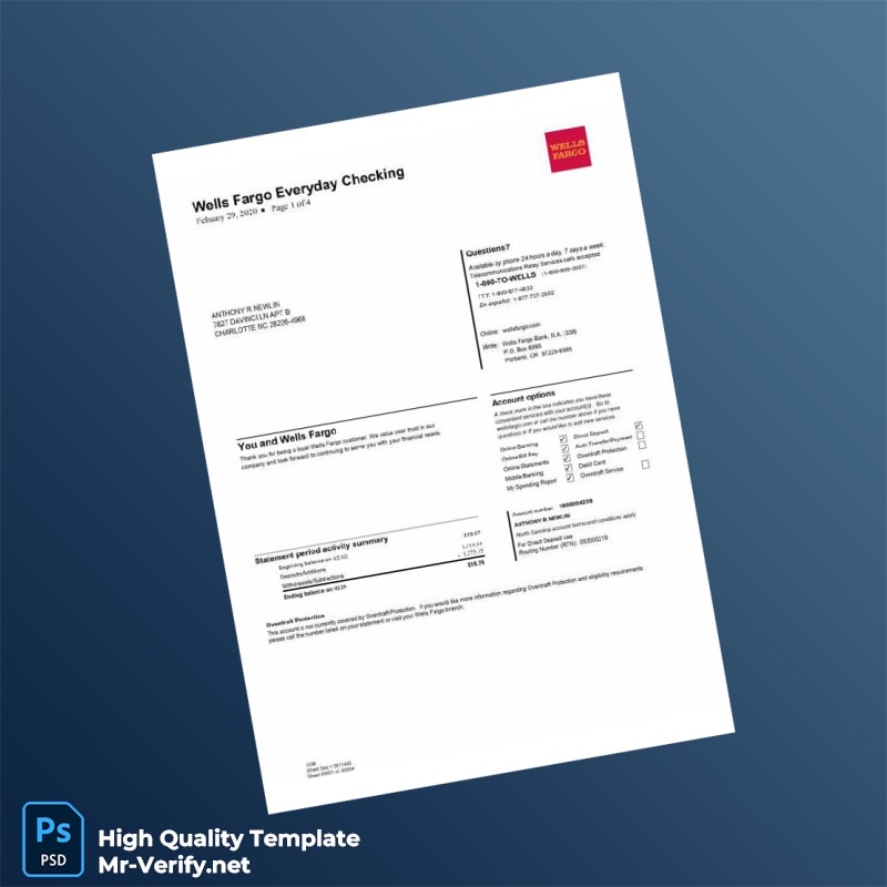 USA Wells Fargo Bank Statement Template in Word and PDF formats USA Wells Fargo Bank Statement Template in Word and PDF formats