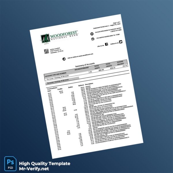 USA Woodforest National Bank Statement Template in Word and PDF formats