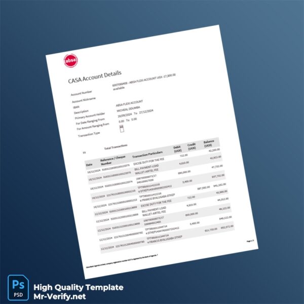 Uganda Absa Bank Statement Template in Word and PDF formats