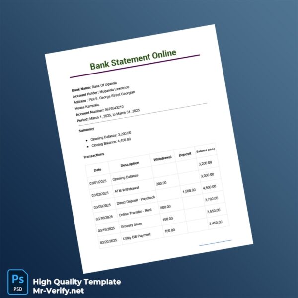 Uganda Bank Of Uganda Bank Statement Template in Word and PDF formats Uganda Bank Of Uganda Bank Statement Template in Word and PDF formats