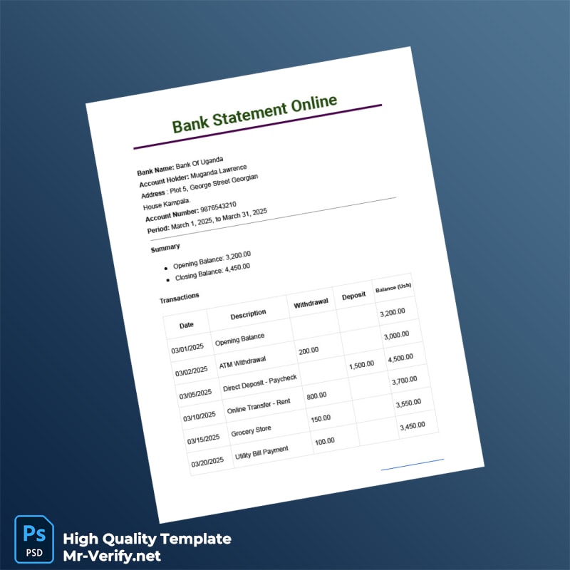 Uganda Bank Of Uganda Bank Statement Template in Word and PDF formats Uganda Bank Of Uganda Bank Statement Template in Word and PDF formats