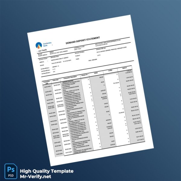 Uganda Centenary Bank Demand Deposit Statement Template in Word and PDF formats