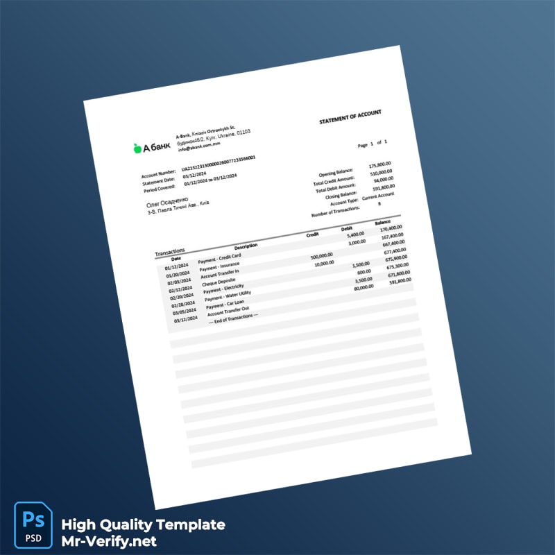 Ukraine ABANK Statement Template in Word and PDF formats Ukraine ABANK Statement Template in Word and PDF formats