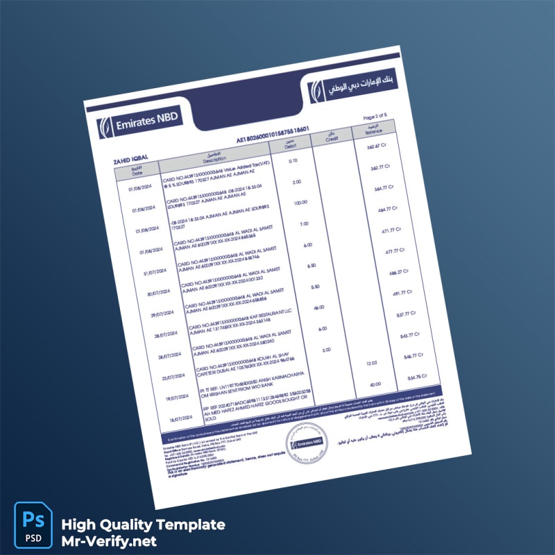 United Arab Emirates Bank Statement Template in Word and PDF formats page 2 United Arab Emirates Bank Statement Template in Word and PDF formats page 2