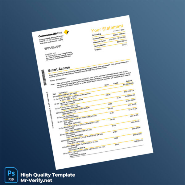 United Arab Emirates Commonwealth Bank Statement Template in Word and PDF formats