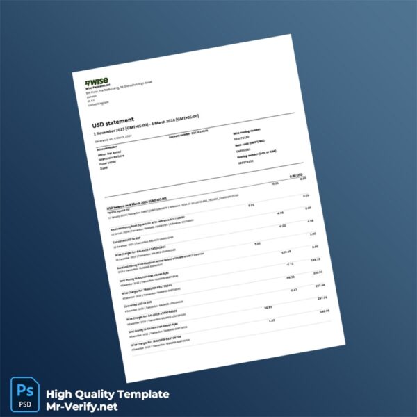 United Kingdom Wise Bank Statement Template in Word and PDF formats