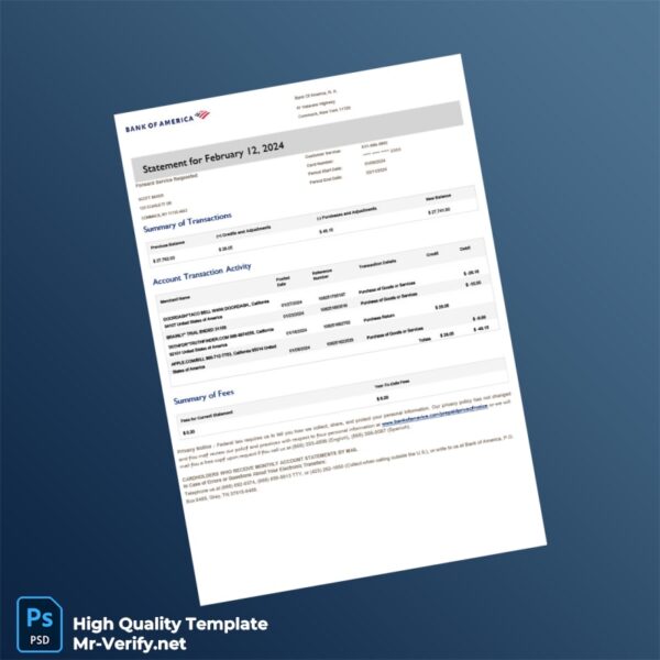 United States Bank of America Billing Bank Statement Template in Word and PDF formats