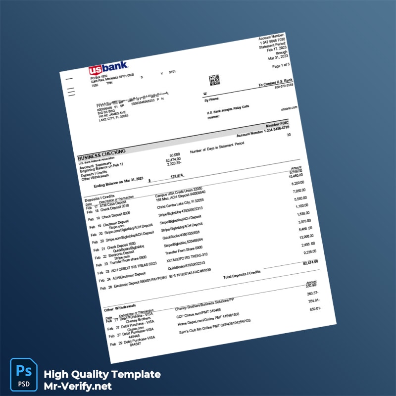 United States US Bank Statement Template in Word and PDF formats United States US Bank Statement Template in Word and PDF formats