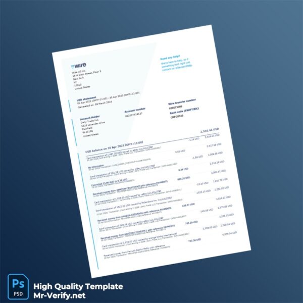 United States Wise Bank Statement Template in Word and PDF formats