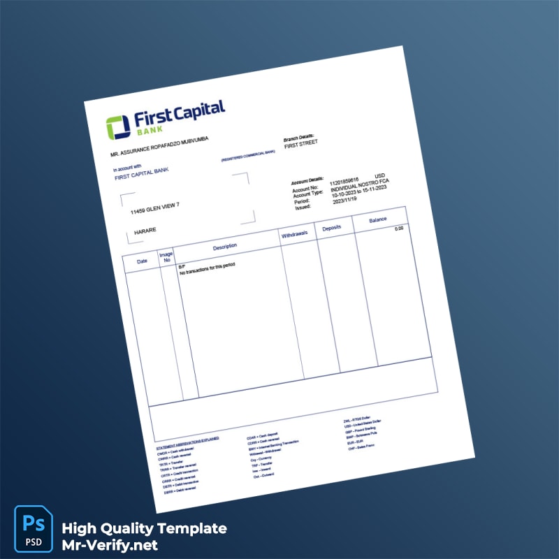 Zimbabwe First Capital Bank Bank Statement Template in Word and PDF formats Zimbabwe First Capital Bank Bank Statement Template in Word and PDF formats