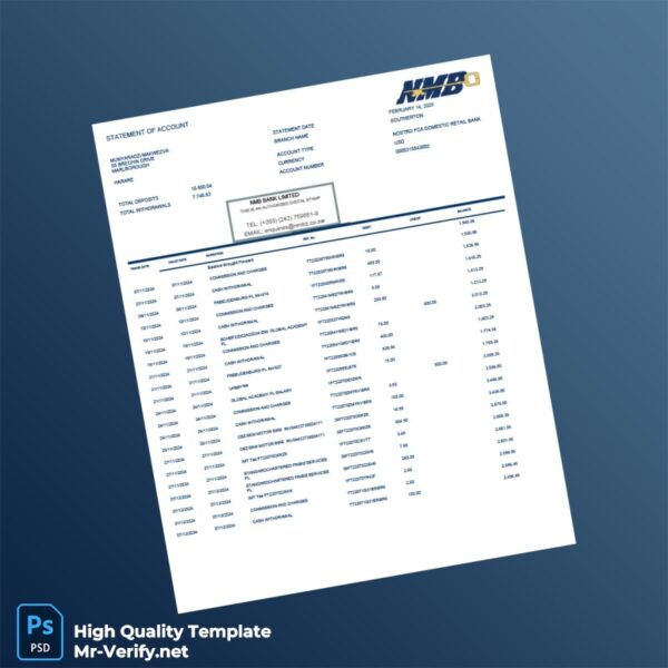 Zimbabwe HMD Bank Statement Template in Word and PDF formats