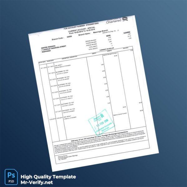 Zimbabwe Standard Chartered Bank Statement Template in Word and PDF formats
