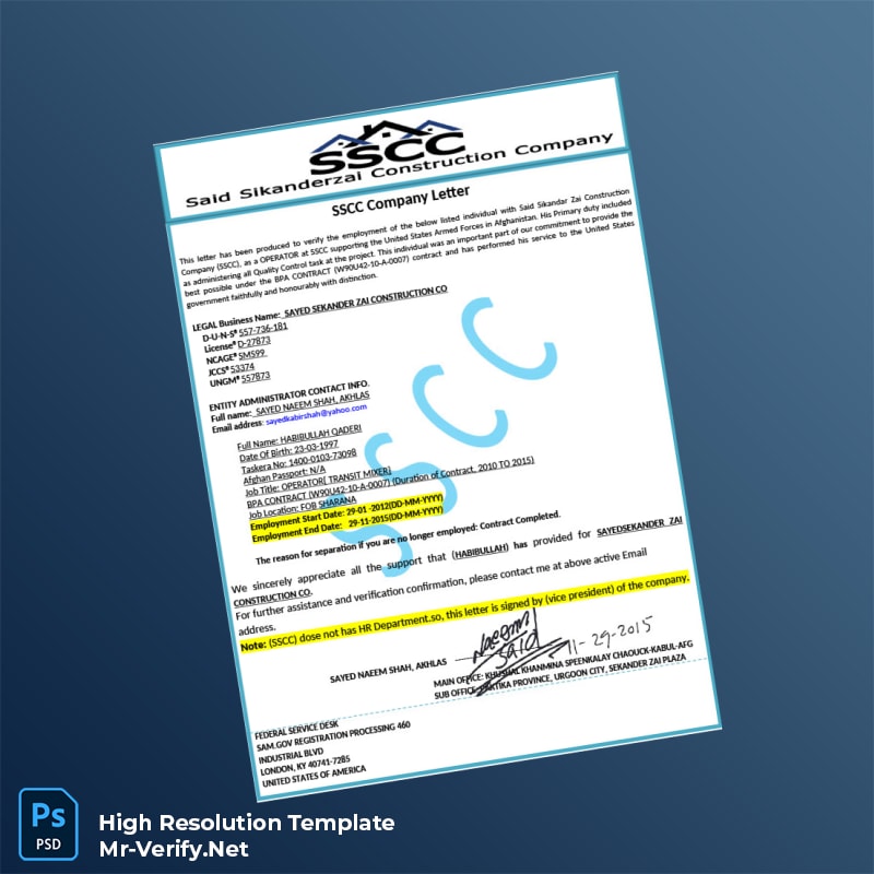 Afghanistan%20SSCC%20Employment%20Verification%20Letter%20Template%20in%20Word%20and%20PDF%20formats Editable Afghanistan SSCC Employment Verification Letter Word and Pdf Template Preview - Mr. Verify