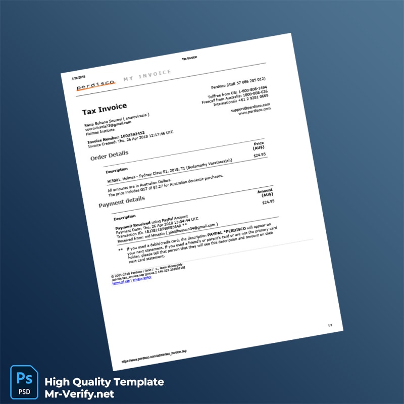 Australia Perdisco Tax Invoice Template in Word and PDF formats Australia Perdisco Tax Invoice Template in Word and PDF formats