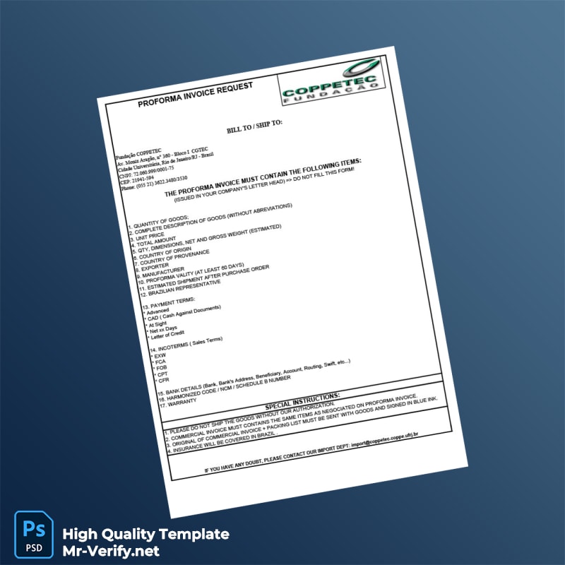 Brazil Fundação COPPETEC Proforma Invoice Template in Word and PDF formats Brazil Fundação COPPETEC Proforma Invoice Template in Word and PDF formats