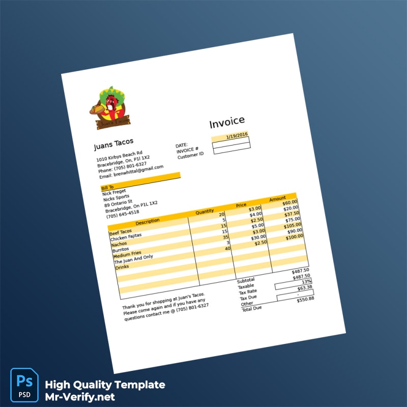Canada Juan s Tacos Invoice Template in Word and PDF formats Canada Juan s Tacos Invoice Template in Word and PDF formats