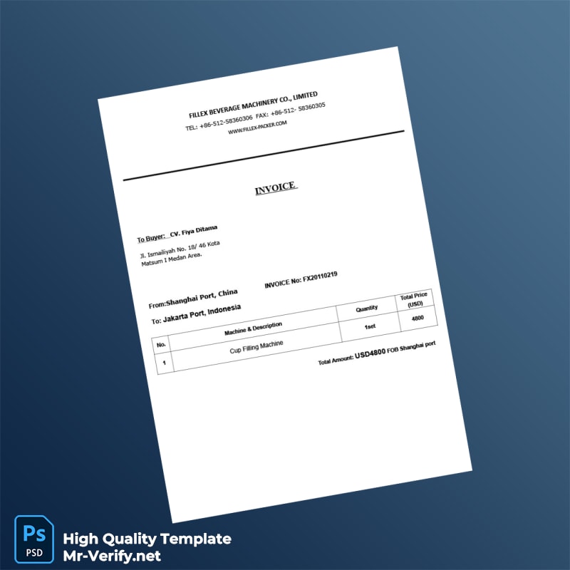 China Fillex Beverage Machinery Co Limited Invoice Template in Word and PDF formats China Fillex Beverage Machinery Co Limited Invoice Template in Word and PDF formats
