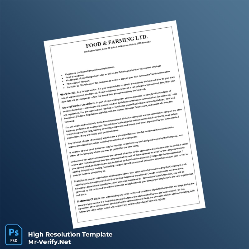 Food%20Farming%20LTD%20Employment%20Verification%20Letter%20Template%20in%20Word%20and%20PDF%20formats-page2 Editable Food Farming LTD Employment Verification Letter Template in Word and PDF formats page 2 Preview - Mr. Verify