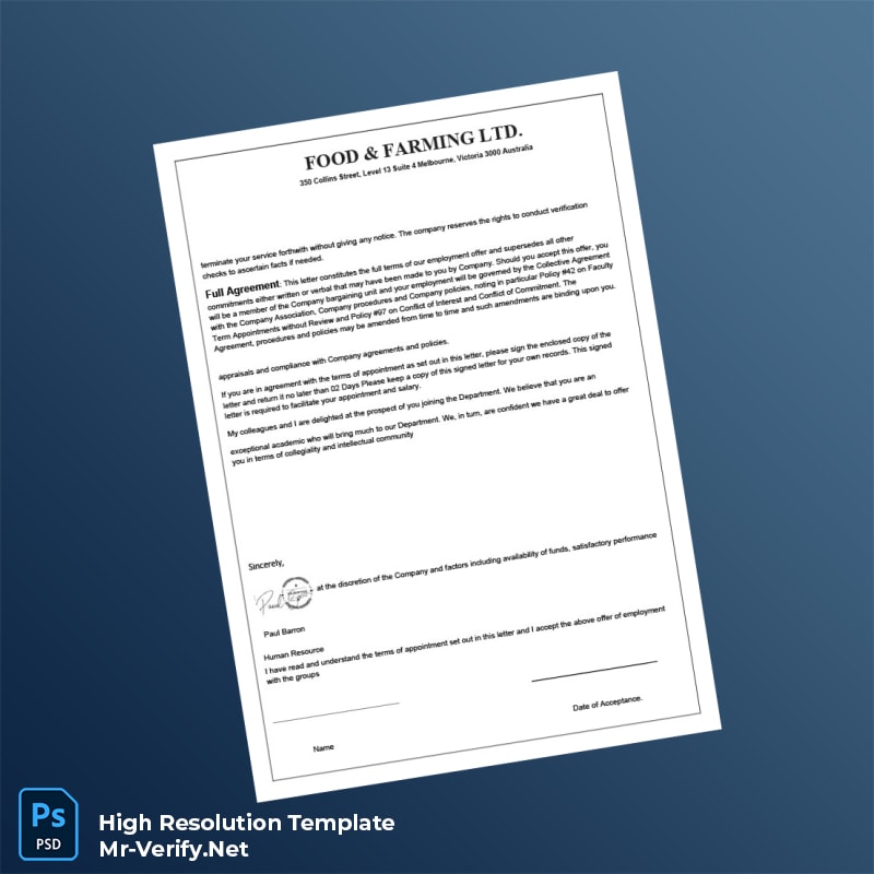 Food%20Farming%20LTD%20Employment%20Verification%20Letter%20Template%20in%20Word%20and%20PDF%20formats-page3 Editable Food Farming LTD Employment Verification Letter Template in Word and PDF formats page 3 Preview - Mr. Verify