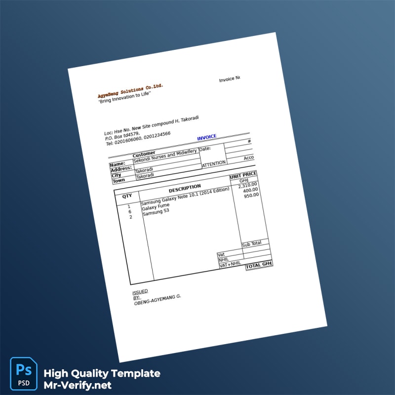 Ghana AgyeBeng Solutions Co Ltd Invoice Template in Word and PDF formats Ghana AgyeBeng Solutions Co Ltd Invoice Template in Word and PDF formats