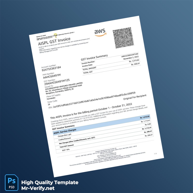 India Amazon Internet Services Private Limited Invoice Template in Word and PDF formats India Amazon Internet Services Private Limited Invoice Template in Word and PDF formats
