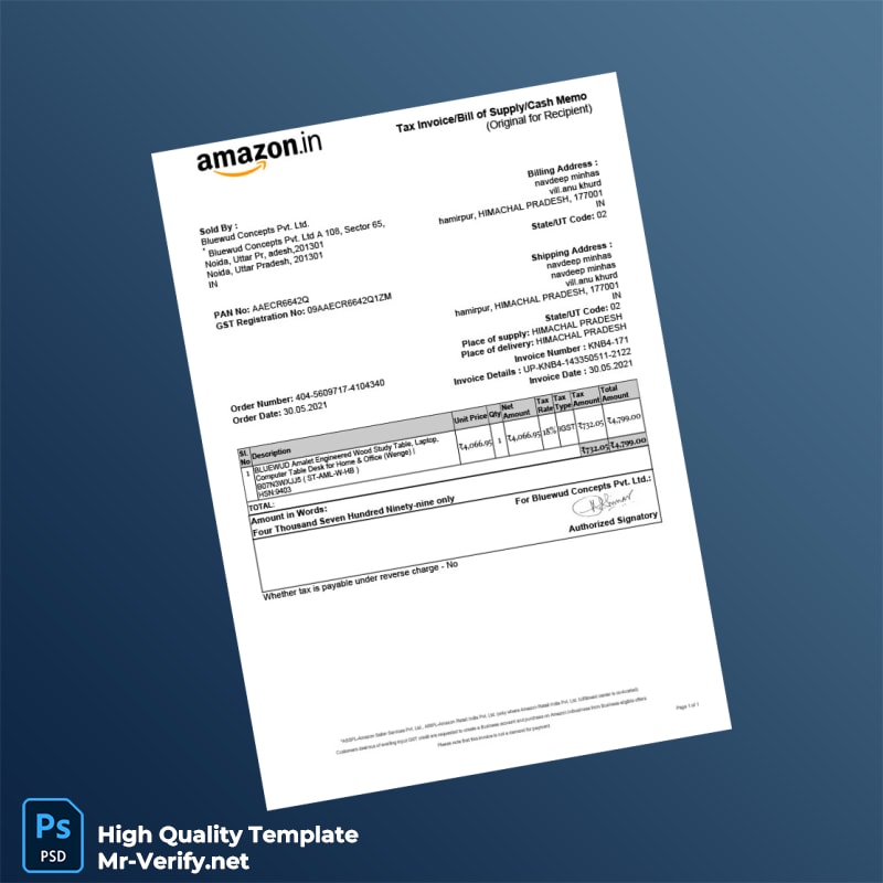 India Bluewud Concepts Pvt Ltd Tax Invoice Template in Word and PDF formats India Bluewud Concepts Pvt Ltd Tax Invoice Template in Word and PDF formats