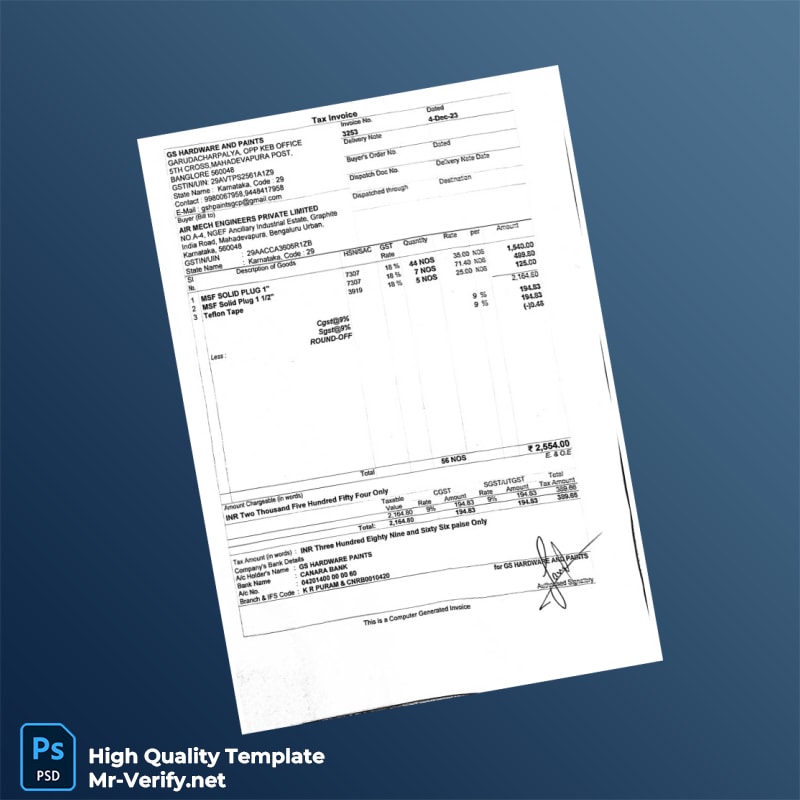 India GS Hardware Paints Invoice Template in Word and PDF formats India GS Hardware Paints Invoice Template in Word and PDF formats