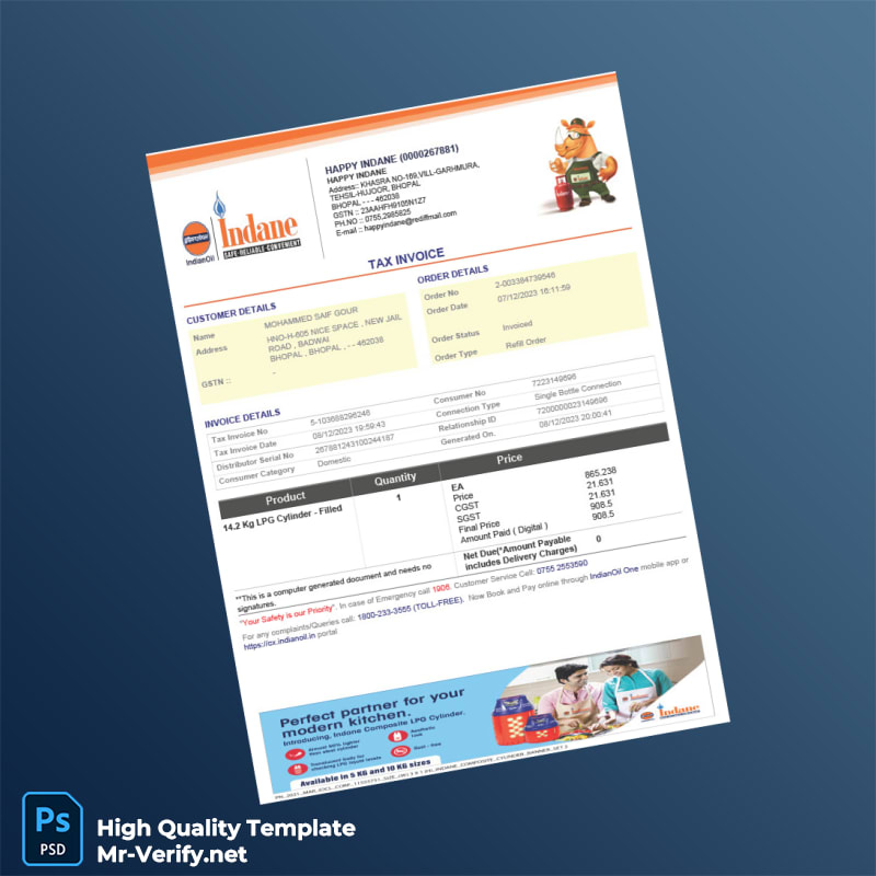 India Happy Indane Invoice Template in Word and PDF formats India Happy Indane Invoice Template in Word and PDF formats