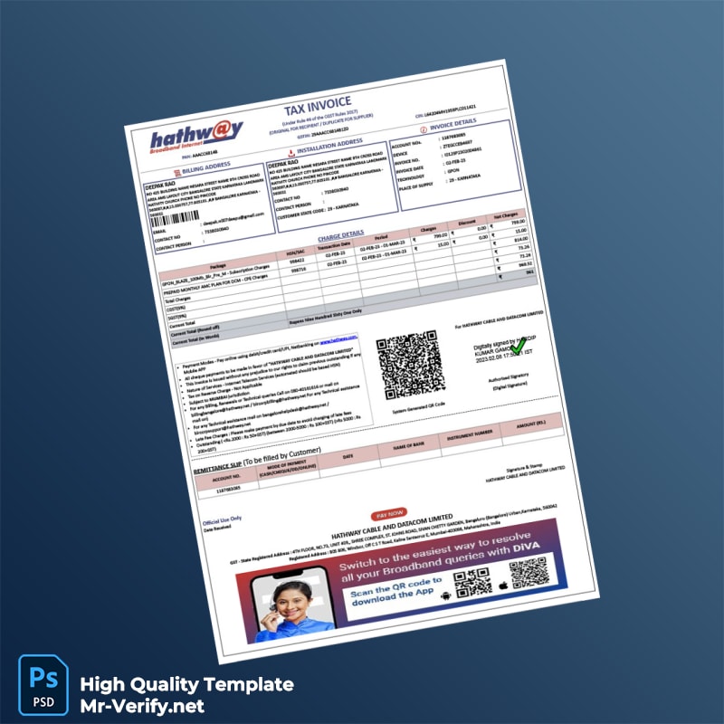 India Hathway Cable and Datacom Limited Tax Invoice Template in Word and PDF formats India Hathway Cable and Datacom Limited Tax Invoice Template in Word and PDF formats