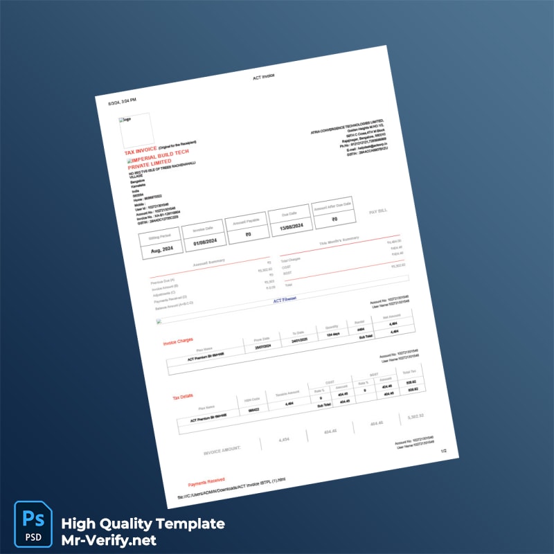 India Imperial Build Tech Private Limited Tax Invoice Template in Word and PDF formats India Imperial Build Tech Private Limited Tax Invoice Template in Word and PDF formats