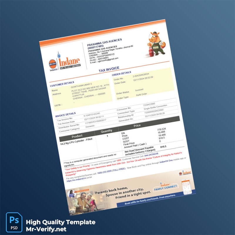 India Indane Gas Invoice Template in Word and PDF formats India Indane Gas Invoice Template in Word and PDF formats