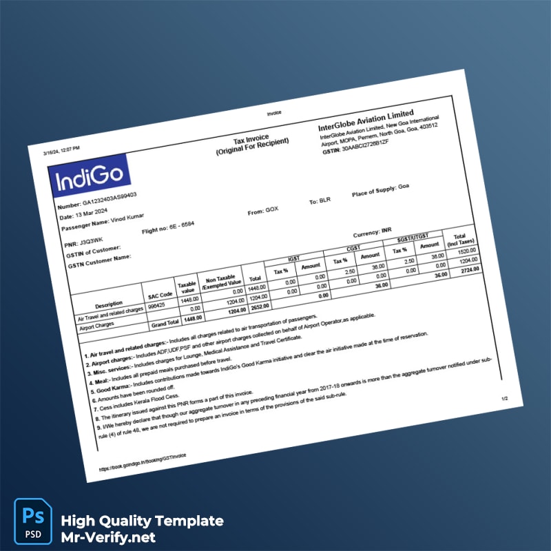 India InterGlobe Aviation Limited Invoice Template in Word and PDF formats India InterGlobe Aviation Limited Invoice Template in Word and PDF formats