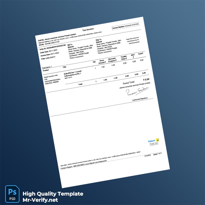 India Jeeves Consumer Services Private Limited Invoice Template in Word and PDF formats India Jeeves Consumer Services Private Limited Invoice Template in Word and PDF formats