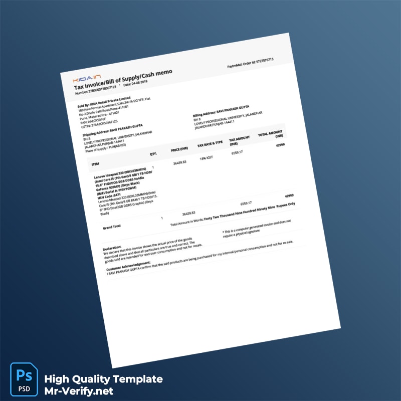 India KIDA Retail Private Limited Tax Invoice Template in Word and PDF formats India KIDA Retail Private Limited Tax Invoice Template in Word and PDF formats