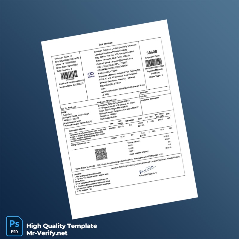India Lenskart Solutions Limited Tax Invoice Template in Word and PDF formats India Lenskart Solutions Limited Tax Invoice Template in Word and PDF formats